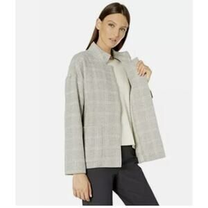 Eileen Fisher Heathered Check Wool Blend Coat Women’s L Gray High Collar Minimal